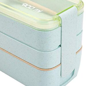 Yesland 3 Packs Bento Box, Japanese Lunch Box with Divider, Wheat Straw 3-In-1 Compartment Stackable Lunch Containers Meal Prep Containers for Kids and Adults (Green/Pink/Beige)