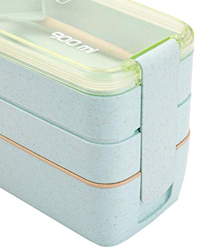 Yesland 3 Packs Bento Box, Japanese Lunch Box with Divider, Wheat Straw 3-In-1 Compartment Stackable Lunch Containers Meal Prep Containers for Kids and Adults (Green/Pink/Beige)