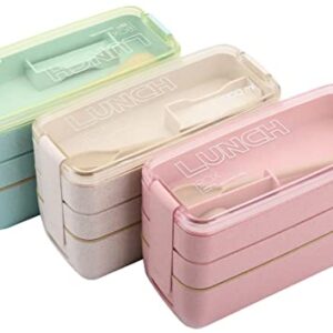 Yesland 3 Packs Bento Box, Japanese Lunch Box with Divider, Wheat Straw 3-In-1 Compartment Stackable Lunch Containers Meal Prep Containers for Kids and Adults (Green/Pink/Beige)