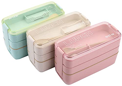 Yesland 3 Packs Bento Box, Japanese Lunch Box with Divider, Wheat Straw 3-In-1 Compartment Stackable Lunch Containers Meal Prep Containers for Kids and Adults (Green/Pink/Beige)