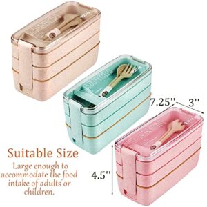 Yesland 3 Packs Bento Box, Japanese Lunch Box with Divider, Wheat Straw 3-In-1 Compartment Stackable Lunch Containers Meal Prep Containers for Kids and Adults (Green/Pink/Beige)