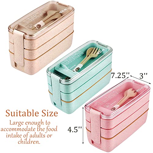 Yesland 3 Packs Bento Box, Japanese Lunch Box with Divider, Wheat Straw 3-In-1 Compartment Stackable Lunch Containers Meal Prep Containers for Kids and Adults (Green/Pink/Beige)