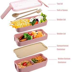 Yesland 3 Packs Bento Box, Japanese Lunch Box with Divider, Wheat Straw 3-In-1 Compartment Stackable Lunch Containers Meal Prep Containers for Kids and Adults (Green/Pink/Beige)