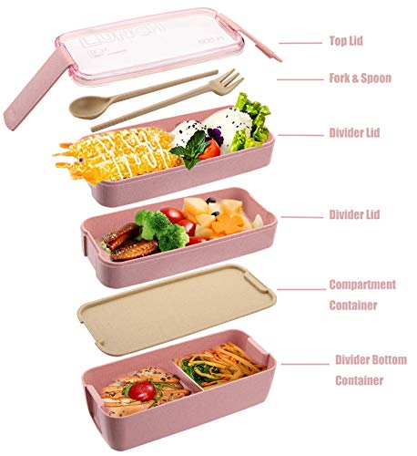 Yesland 3 Packs Bento Box, Japanese Lunch Box with Divider, Wheat Straw 3-In-1 Compartment Stackable Lunch Containers Meal Prep Containers for Kids and Adults (Green/Pink/Beige)