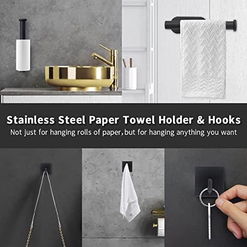 Self-Adhesive Paper Towel Holder - Punch-Free Paper Towel Rack - Stainless Steel Paper Towels Rolls with 4PCS Hooks Under Cabinet Wall Mount Paper Towel Bar for Kitchen, Pantry, Sink, Bathroom, Room