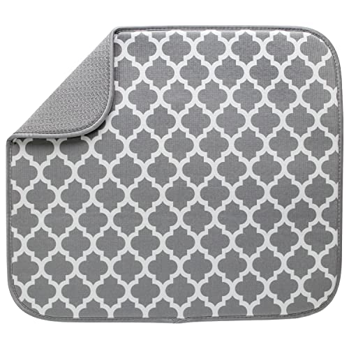 S&T INC. Absorbent, Reversible Microfiber Dish Drying Mat for Kitchen, 16 Inch x 18 Inch, White Trellis