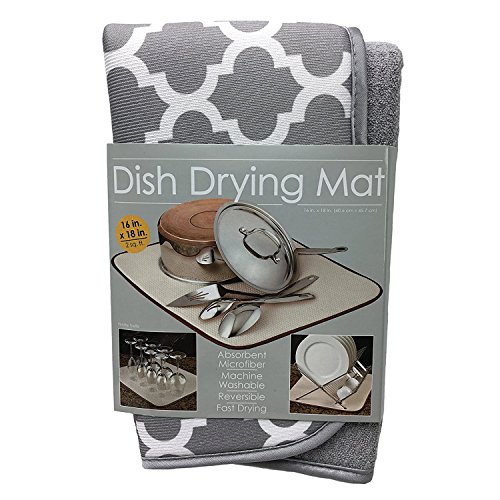 S&T INC. Absorbent, Reversible Microfiber Dish Drying Mat for Kitchen, 16 Inch x 18 Inch, White Trellis