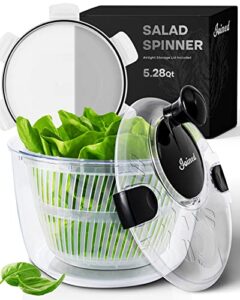 joined large salad spinner with storage lid, drain, bowl, and colander – quick and easy multi-use lettuce spinner, vegetable dryer, fruit washer, pasta and fries spinner – 5.28 qt