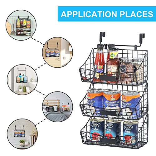 Over Cabinet Door Organizer, Storage Basket 3 Pack with Name Plate Hang Over the Door Railing Grid Panel for Kitchen Pantry Bathroom Laundry, Holds Shampoo Cleaning Supplies Spice Dish Soap