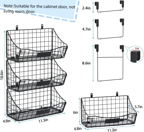 Over Cabinet Door Organizer, Storage Basket 3 Pack with Name Plate Hang Over the Door Railing Grid Panel for Kitchen Pantry Bathroom Laundry, Holds Shampoo Cleaning Supplies Spice Dish Soap