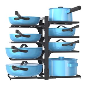 pan organizer rack for cabinet,8 tiers pots and pans organizer for kitchen organization & storage, height adjustable pot lid holders & pan rack ,non-slip space saving pan rack holder（black）