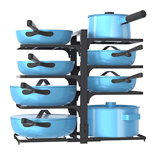 Pan Organizer Rack for Cabinet,8 Tiers Pots and Pans Organizer for Kitchen Organization & Storage, Height Adjustable Pot Lid Holders & Pan Rack ,Non-Slip Space Saving Pan Rack Holder（BLACK）