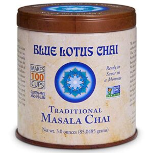 blue lotus chai – traditional masala chai – makes 100 cups – 3 ounce masala spiced chai powder with organic spices – instant indian tea no steeping – no gluten