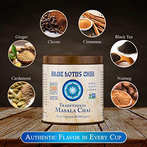 Blue Lotus Chai - Traditional Masala Chai - Makes 100 Cups - 3 Ounce Masala Spiced Chai Powder with Organic Spices - Instant Indian Tea No Steeping - No Gluten