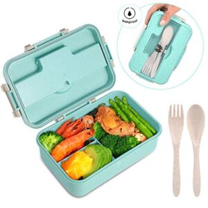 supplim bento box for kids adults lunch box with 3 compartment,wheat fiber leak proof food container with spoon & fork,1200ml lunch boxes containers for men women (model2-green)