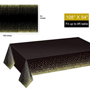 Gexolenu 4 Pack Black and Gold Disposable Plastic Tablecloth for Rectangle Tables(54" x 108"), Disposable Waterproof Party Table Cover for Birthday, Gold Table Cloths for 2023 Graduation Parties