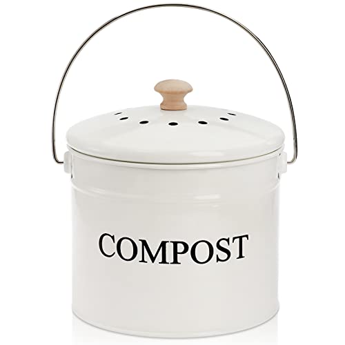 AVLA Compost Bin Kitchen Countertop, 1 Gallon Composter Pail, Food Waste Composting Bucket, Odorless Trash Keeper Container, White Scraps Caddy with Charcoal Filter, Carrying Handle, Lid