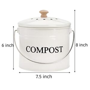 AVLA Compost Bin Kitchen Countertop, 1 Gallon Composter Pail, Food Waste Composting Bucket, Odorless Trash Keeper Container, White Scraps Caddy with Charcoal Filter, Carrying Handle, Lid