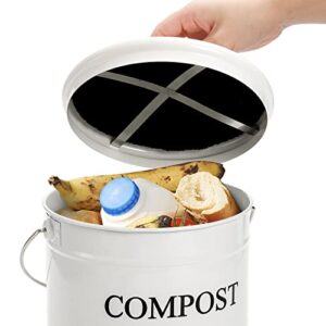 AVLA Compost Bin Kitchen Countertop, 1 Gallon Composter Pail, Food Waste Composting Bucket, Odorless Trash Keeper Container, White Scraps Caddy with Charcoal Filter, Carrying Handle, Lid