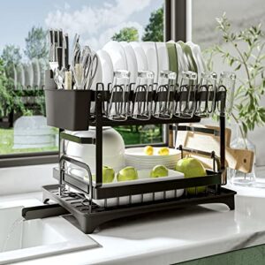 chiachia dish drying rack for kitchen counter, 2 tier dish drying rack with 2 drainboard, dish rack and drainboard set with knife and fork holder, black carbon steel large capacity dish drainer