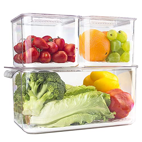 elabo Food Storage Containers Fridge Produce Saver- 3 Piece Set Stackable Refrigerator Organizer Keeper Drawers Bins Baskets with Lids and Removable Drain Tray for Veggie, Berry, Fruits and Vegetables