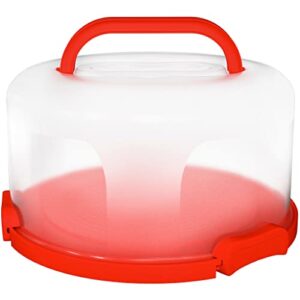 flixeno large sturdy red round cake carrier holder up to 10 inch multi purpose cover five section serving tray keeper for easily hold & transport cakes pies & cupcakes with collapsible handles + 3 extra clips