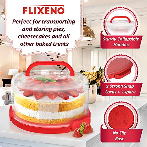 Flixeno Large Sturdy Red Round Cake Carrier Holder Up to 10 inch Multi Purpose Cover Five Section Serving Tray Keeper for Easily Hold & Transport Cakes Pies & Cupcakes with Collapsible Handles + 3 Extra Clips