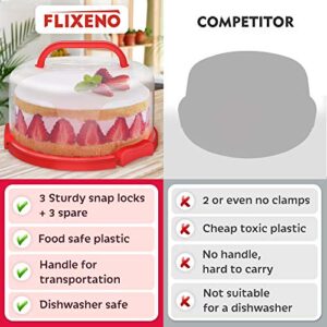 Flixeno Large Sturdy Red Round Cake Carrier Holder Up to 10 inch Multi Purpose Cover Five Section Serving Tray Keeper for Easily Hold & Transport Cakes Pies & Cupcakes with Collapsible Handles + 3 Extra Clips