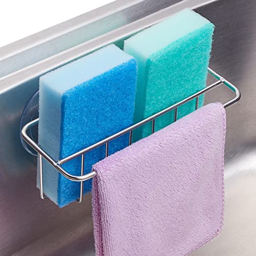 TESOT Sink Caddy Sponge Holder Dish Cloth Hanger 2 in 1 with Upgraded Suction Cups or Adhesive, SUS304 Stainless Steel, No Drilling, Silver