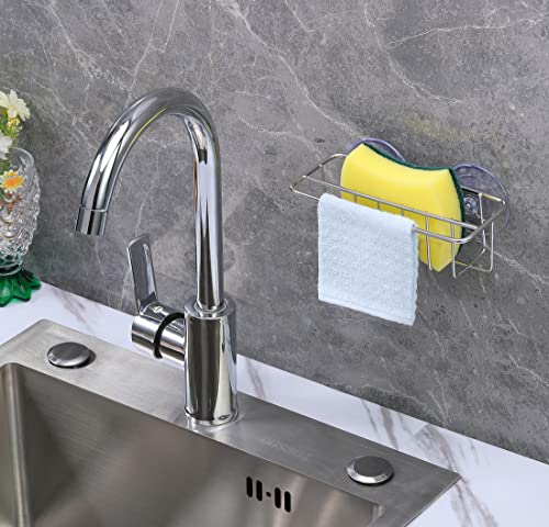 TESOT Sink Caddy Sponge Holder Dish Cloth Hanger 2 in 1 with Upgraded Suction Cups or Adhesive, SUS304 Stainless Steel, No Drilling, Silver