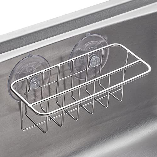 TESOT Sink Caddy Sponge Holder Dish Cloth Hanger 2 in 1 with Upgraded Suction Cups or Adhesive, SUS304 Stainless Steel, No Drilling, Silver