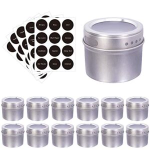 magnetic spice tins & labels, storage spice containers, window top w/sift-pour (12 jars 48 pre-printed and 12 blank labels)