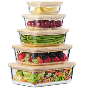 glass food storage containers with bamboo lids eco-friendly, set of 5, airtight, pantry organization, meal prep glass containers. plastic free. bpa free. microwave oven dishwasher and freezer safe