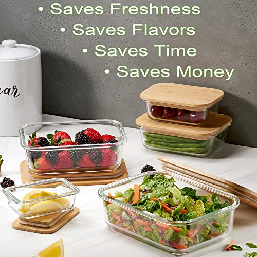 Glass Food Storage Containers with Bamboo Lids Eco-Friendly, set of 5, Airtight, Pantry Organization, Meal Prep Glass Containers. Plastic Free. BPA Free. Microwave Oven Dishwasher and Freezer Safe