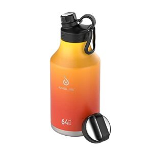 ideus insulated stainless steel water bottle with 2 leak-proof lids, thermal water flask for hiking biking, 64oz, yellow