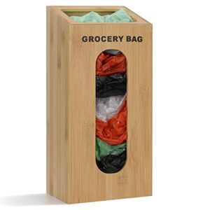 grocery bag dispenser plastic bag holders for grocery bags – bamboo trash bag dispenser, can hold 50-60 used shopping bags -grocery bag storage organizer for kitchen – large opening & slot – 5″x7″x15”