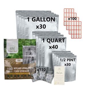 habitual heart 100 thick mylar bags for long term food storage 130 300cc oxygen absorbers & emergency food kit gusset stand-up ziplock resealable bags 9.5 mil thick 3 sizes: gallon quart 1/2pint