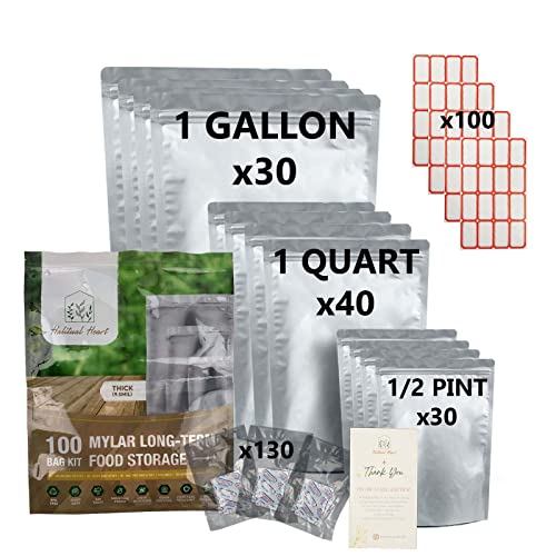 Habitual Heart 100 Thick Mylar Bags for long term food storage 130 300cc Oxygen Absorbers & Emergency Food Kit Gusset Stand-Up Ziplock Resealable Bags 9.5 mil Thick 3 sizes: Gallon Quart 1/2Pint