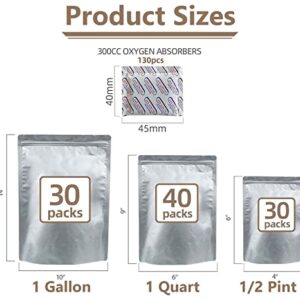 Habitual Heart 100 Thick Mylar Bags for long term food storage 130 300cc Oxygen Absorbers & Emergency Food Kit Gusset Stand-Up Ziplock Resealable Bags 9.5 mil Thick 3 sizes: Gallon Quart 1/2Pint