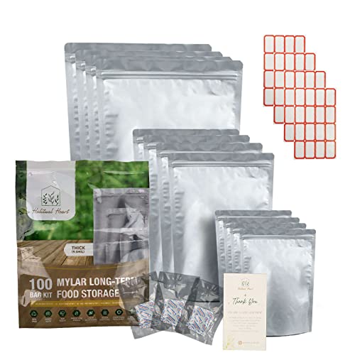 Habitual Heart 100 Thick Mylar Bags for long term food storage 130 300cc Oxygen Absorbers & Emergency Food Kit Gusset Stand-Up Ziplock Resealable Bags 9.5 mil Thick 3 sizes: Gallon Quart 1/2Pint