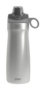 pogo vacuum insulated stainless steel water bottle with leak proof chug lid and silicone carry loop, grey, 26 oz