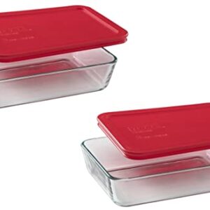 Pyrex 3-Cup Rectangle Food Storage, Pack of 2 Containers, Box of 2, Clear, Red Cover