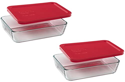 Pyrex 3-Cup Rectangle Food Storage, Pack of 2 Containers, Box of 2, Clear, Red Cover