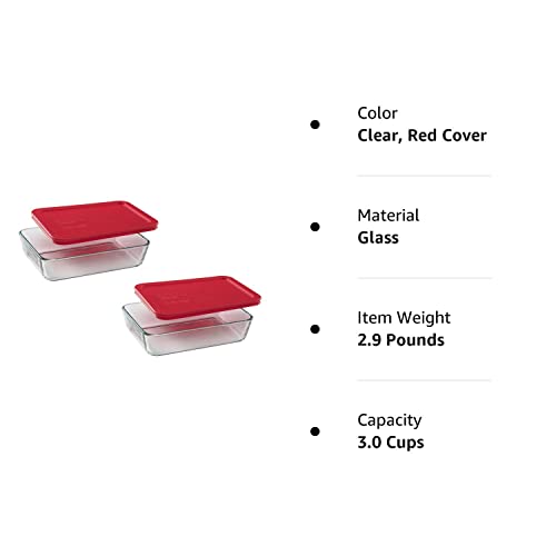 Pyrex 3-Cup Rectangle Food Storage, Pack of 2 Containers, Box of 2, Clear, Red Cover