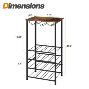 Wine Rack Table, FreeStanding Wine Bar Rack, Wine Bar Cabinet with GlassBottle Holder, Metal and Wood Industrial Wine Cabinet for Home, Floor Liquor Wine Cabinet Storage, for Bar Kitchen Dining, Brown