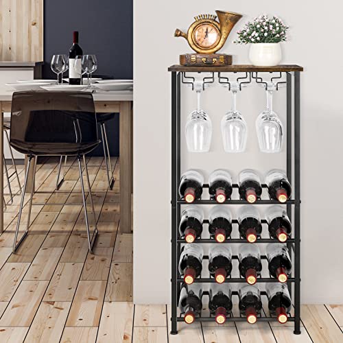 Wine Rack Table, FreeStanding Wine Bar Rack, Wine Bar Cabinet with GlassBottle Holder, Metal and Wood Industrial Wine Cabinet for Home, Floor Liquor Wine Cabinet Storage, for Bar Kitchen Dining, Brown