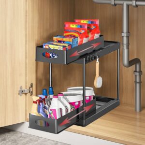 zubxoal bathroom organizer under sink, 2 tier under kitchen sink organizers and storage, under sink shelf with 4 hook, easy cleaning pull out bathroom cabinet organizers