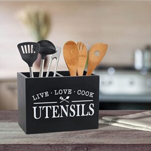 Karisky Kitchen Utensil Holder with Removable Bottom Large 2 Compartments Utensil Organizer Farmhouse Utensil Caddy for Countertop Decor, 9 x 7 x 5 Inch, Black