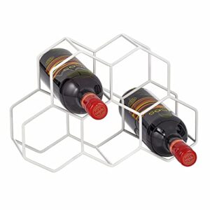 mdesign metal honeycomb tiered wine rack – minimalist bottle holder for kitchen countertop, pantry, or refrigerator space – wine, beer, pop/soda, water bottles, and juice, holds 5 bottles, matte white