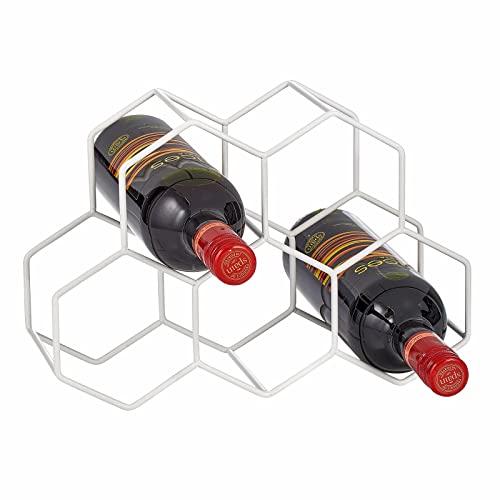 mDesign Metal Honeycomb Tiered Wine Rack - Minimalist Bottle Holder for Kitchen Countertop, Pantry, or Refrigerator Space - Wine, Beer, Pop/Soda, Water Bottles, and Juice, Holds 5 Bottles, Matte White